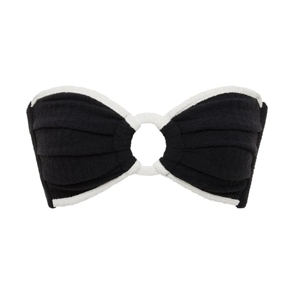 Black Cream Binded Terry Rib Tori Ties Bandeau Bikini Top